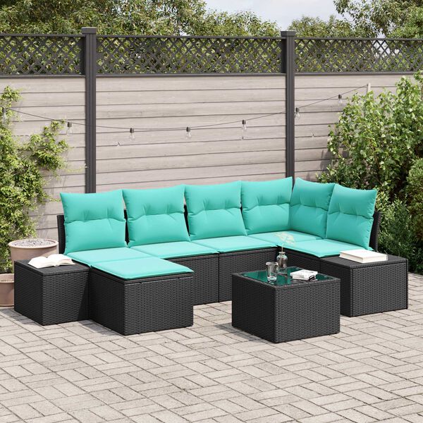 vidaXL 7 Piece Garden Sofa Set with Cushions Black Poly Rattan