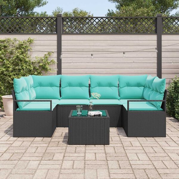 vidaXL 7 Piece Garden Sofa Set with Cushions Black Poly Rattan