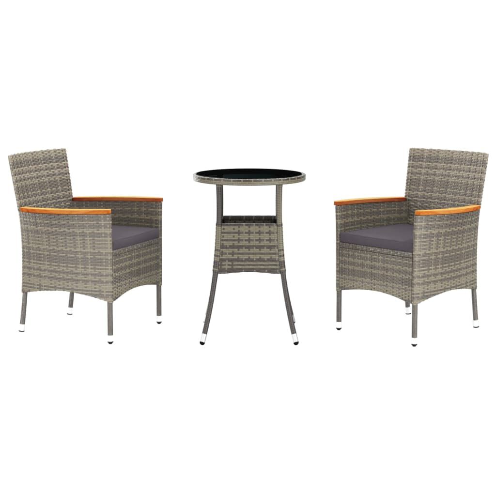 vidaXL 3 Piece Garden Bistro Set with Cushions Grey Poly Rattan
