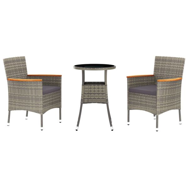 vidaXL 3 Piece Garden Bistro Set with Cushions Grey Poly Rattan