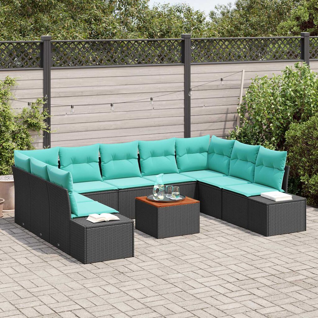 vidaXL 10 Piece Garden Sofa Set with Cushions Black Poly Rattan Acacia
