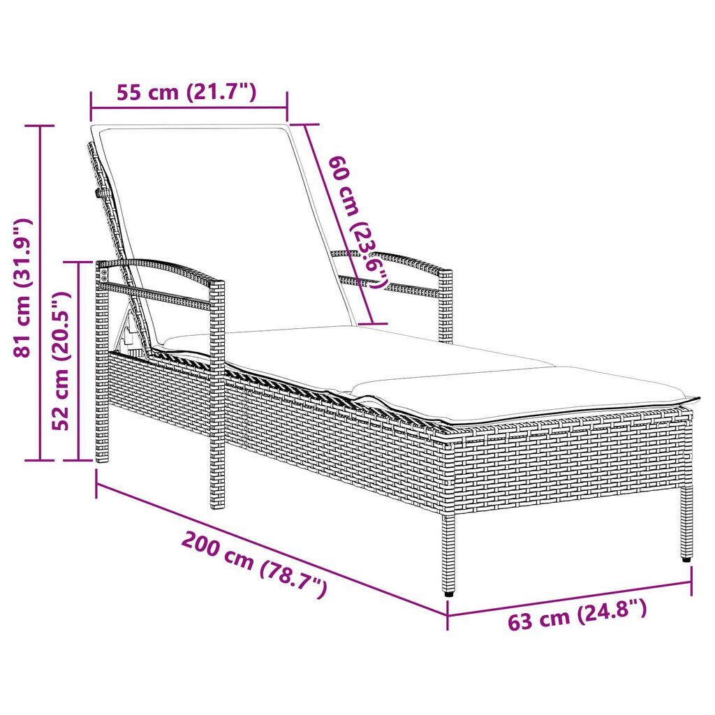 vidaXL Sun Lounger with Cushion Brown 63x200x81 cm Poly Rattan