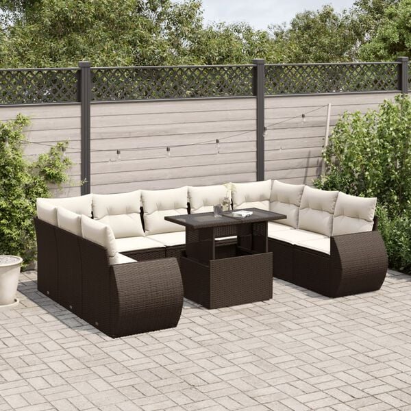vidaXL 10 Piece Garden Sofa Set with Cushions Brown Poly Rattan