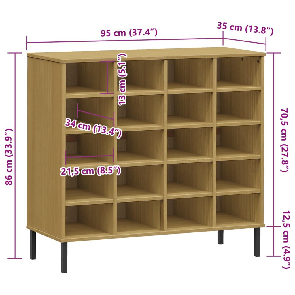 vidaXL Shoe Rack with Metal Legs Brown 95x35x86 cm Solid Wood OSLO