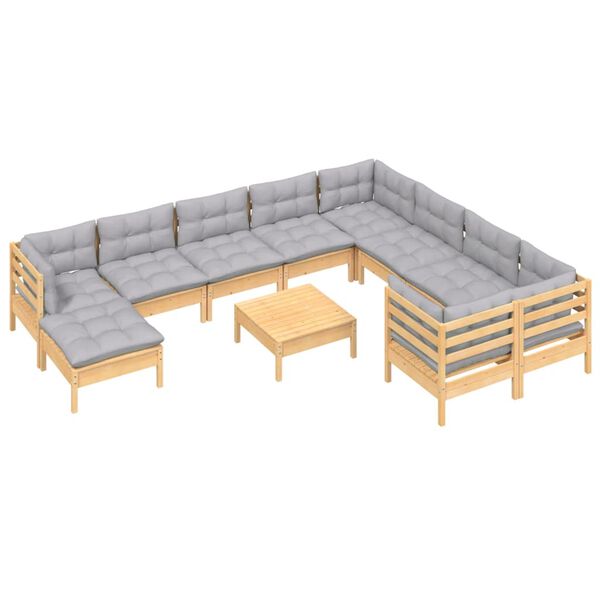 vidaXL 11 Piece Garden Lounge Set with Grey Cushions Pinewood