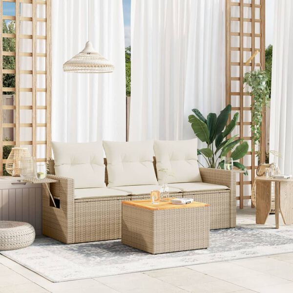 vidaXL 4 Piece Garden Sofa Set with Cushions Beige Poly Rattan