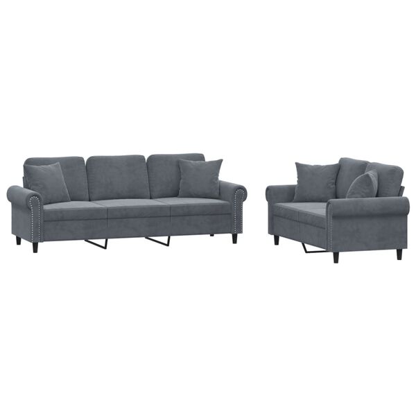 vidaXL 2 Piece Sofa Set with Pillows Dark Grey Velvet