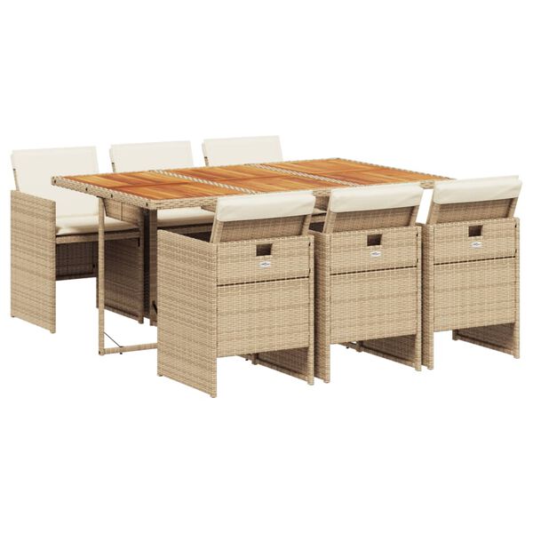 vidaXL 7 Piece Garden Dining Set with Cushions Beige Poly Rattan