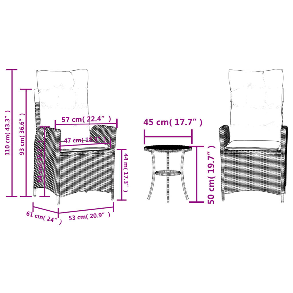 vidaXL 3 Piece Bistro Set with Cushions Grey Poly Rattan