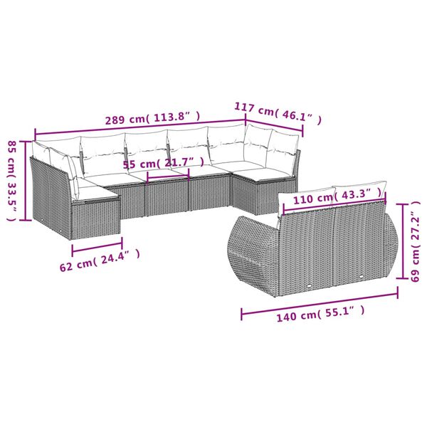 vidaXL 9 Piece Garden Sofa Set with Cushions Grey Poly Rattan