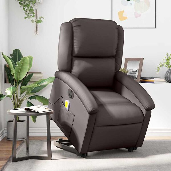 vidaXL Electric Stand up Massage Recliner Chair Dark Brown Real Leather