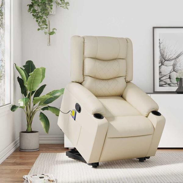 vidaXL Stand up Massage Recliner Chair Cream Faux Leather