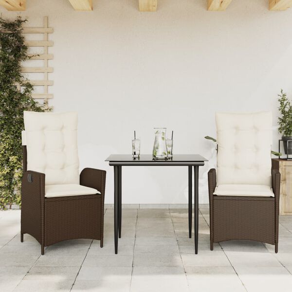 vidaXL 3 Piece Garden Dining Set with Cushions Brown Poly Rattan