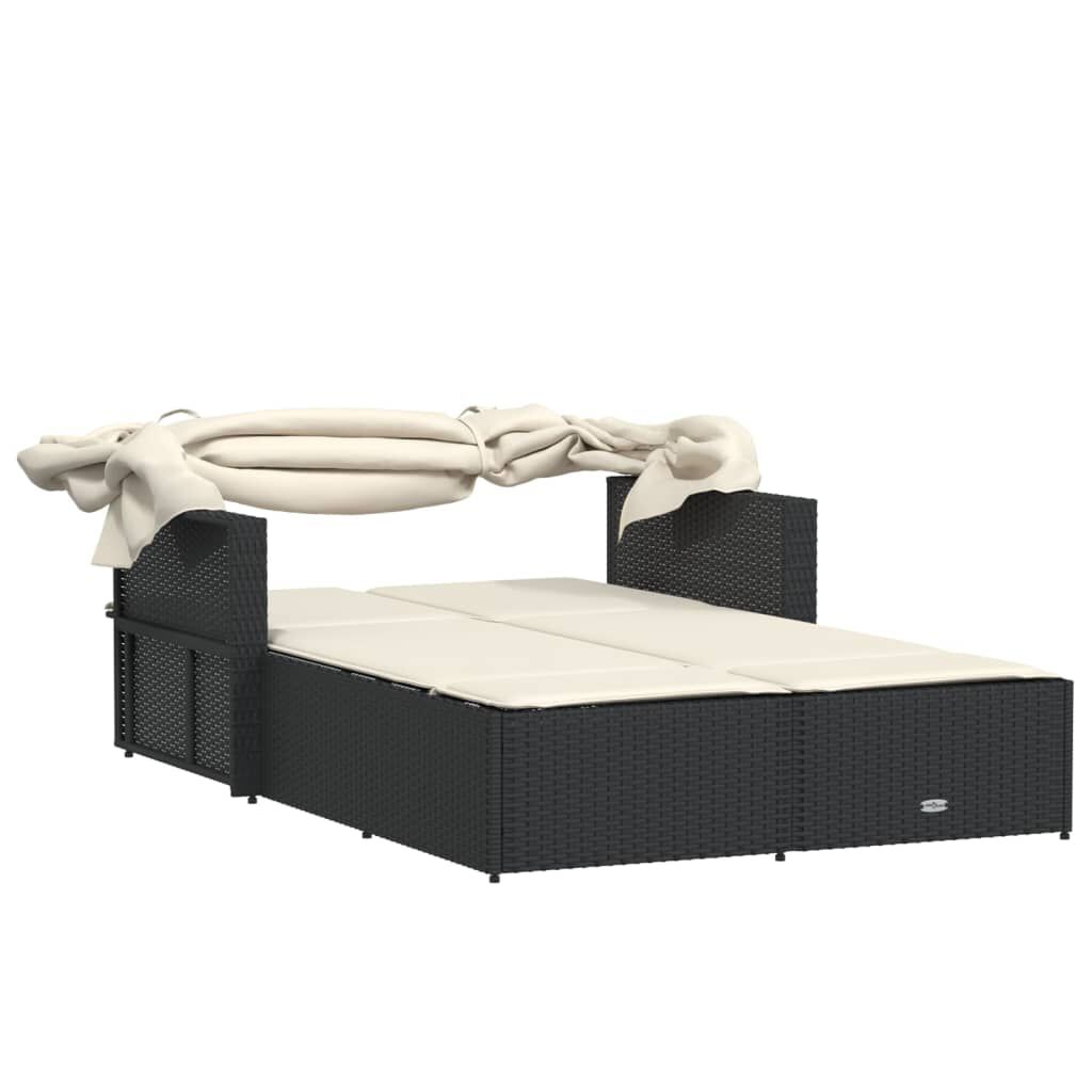 vidaXL Double Sun Lounger with Canopy and Cushions Black Poly Rattan