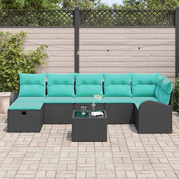 vidaXL Sofa Set with Cushion Manual Black and Turquoise Poly Rattan