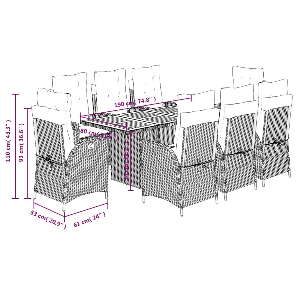vidaXL 9 Piece Garden Dining Set with Cushions Grey Poly Rattan