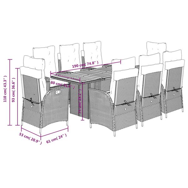 vidaXL 9 Piece Garden Dining Set with Cushions Grey Poly Rattan