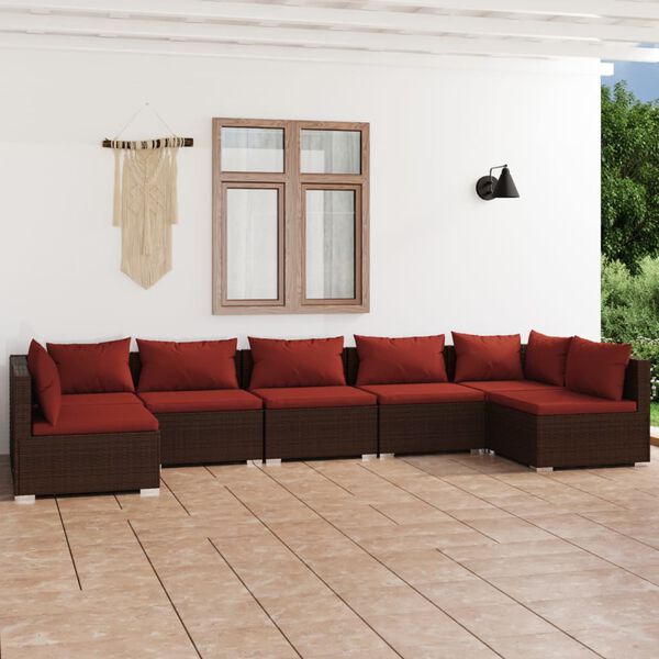 vidaXL 7 Piece Garden Lounge Set with Cushions Poly Rattan Brown