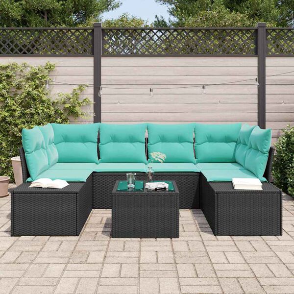 vidaXL Garden Sofa Set with Cushion 7 pcs Black Poly Rattan