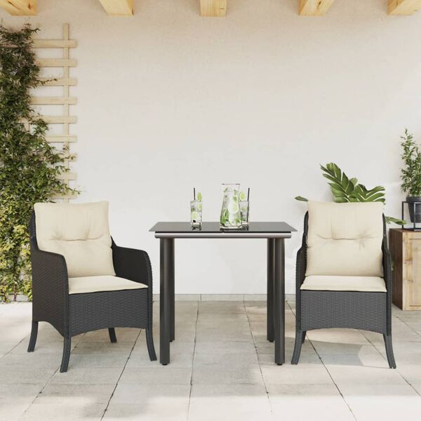 vidaXL 3 Piece Garden Dining Set with Cushions Black Poly Rattan