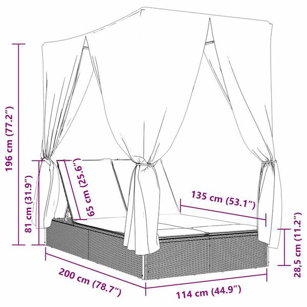 vidaXL Double Sun Lounger with Roof and Curtains Grey Poly Rattan