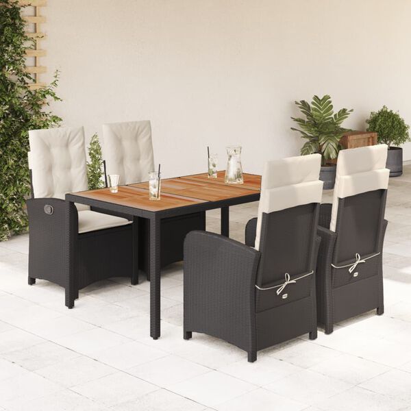vidaXL 5 Piece Garden Dining Set with Cushions Black Poly Rattan