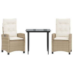 vidaXL 3 Piece Garden Dining Set with Cushions Beige Poly Rattan