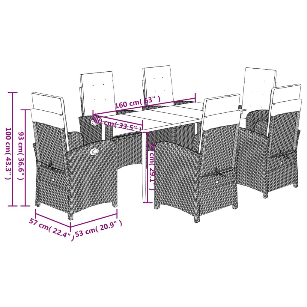 vidaXL 7 Piece Garden Dining Set with Cushions Brown Poly Rattan