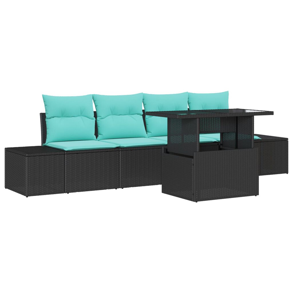 vidaXL 5 Piece Garden Sofa Set with Cushions Black Poly Rattan