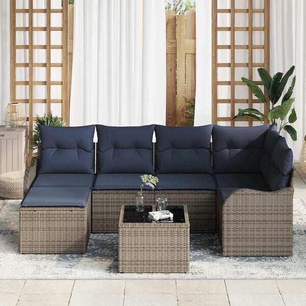 vidaXL 7 Piece Garden Sofa Set with Cushions Grey Poly Rattan