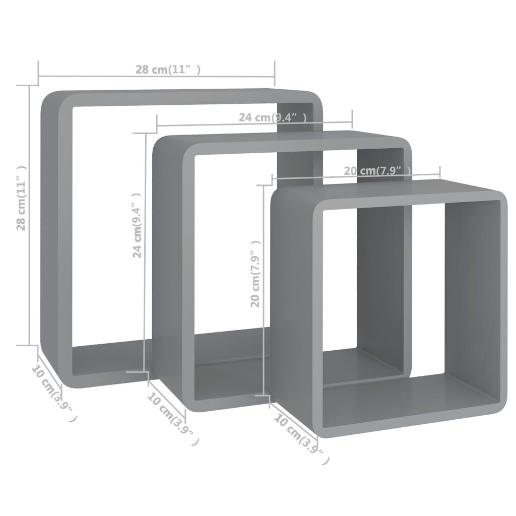 vidaXL Wall Cube Shelves 3 pcs Grey MDF
