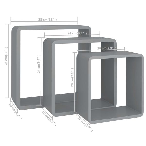 vidaXL Wall Cube Shelves 3 pcs Grey MDF