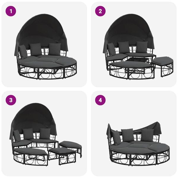 vidaXL Outdoor Lounge Bed with Canopy and Cushions Black Poly Rattan