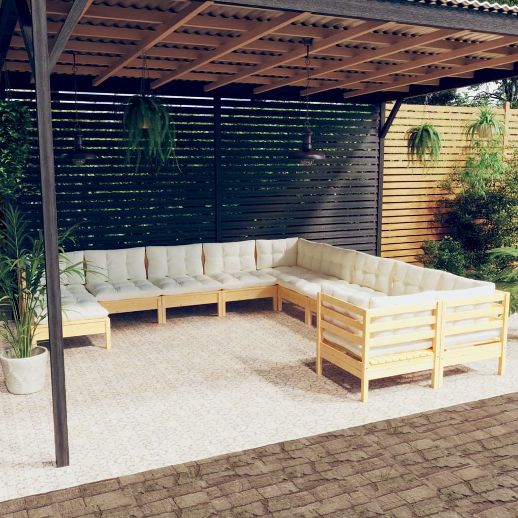vidaXL 11 Piece Garden Lounge Set with Cream Cushions Pinewood