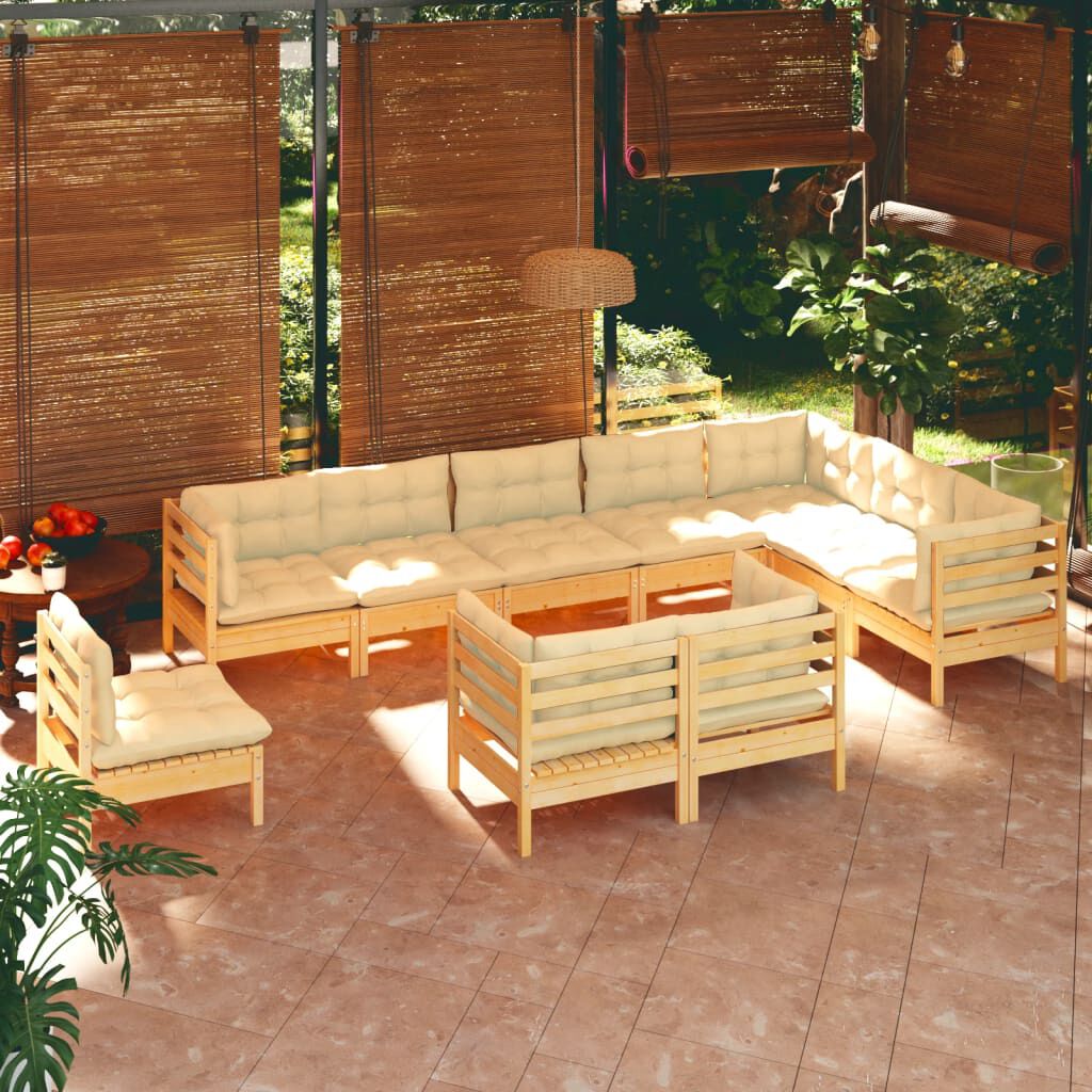 vidaXL 10 Piece Garden Lounge Set with Cream Cushions Solid Pinewood