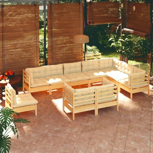 vidaXL 10 Piece Garden Lounge Set with Cream Cushions Solid Pinewood