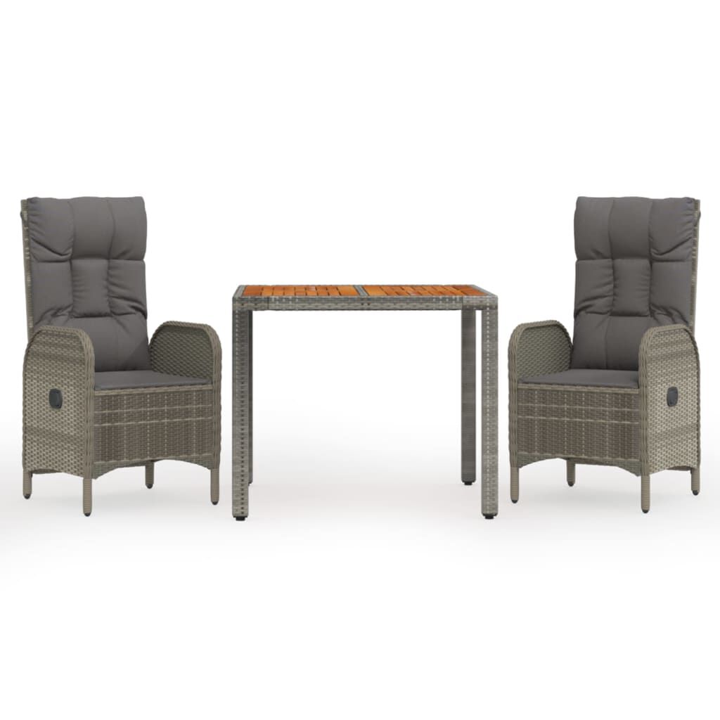 vidaXL 3 Piece Garden Dining Set with Cushions Grey Poly Rattan