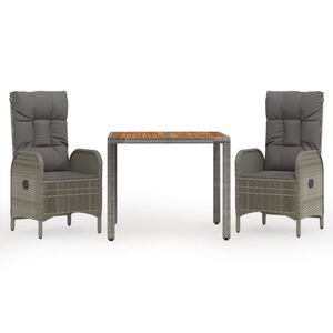 vidaXL 3 Piece Garden Dining Set with Cushions Grey Poly Rattan