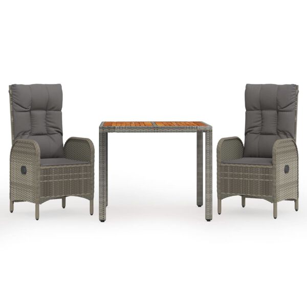 vidaXL 3 Piece Garden Dining Set with Cushions Grey Poly Rattan
