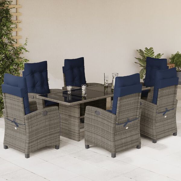 vidaXL 7 Piece Garden Dining Set with Cushions Grey Poly Rattan