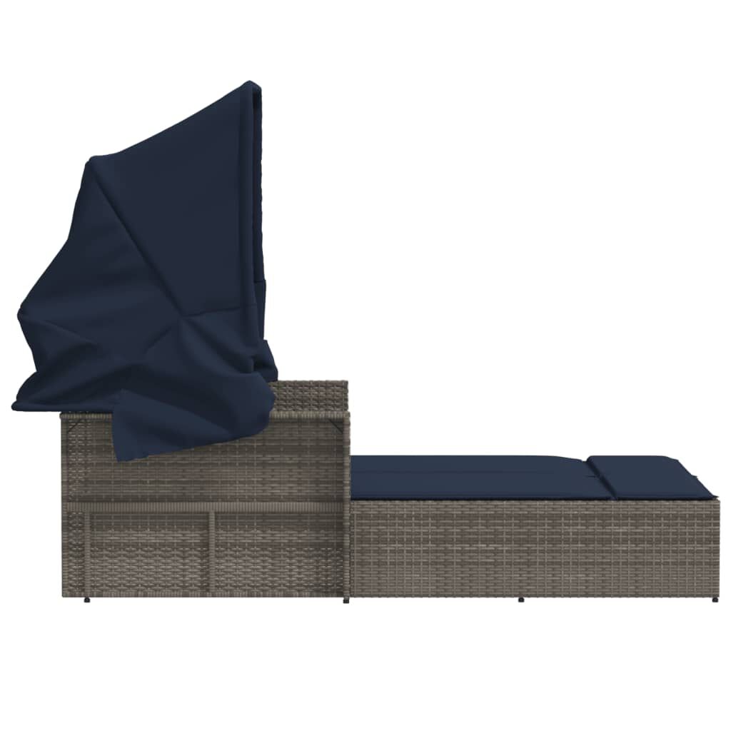 vidaXL Double Sun Lounger with Canopy and Cushions Grey Poly Rattan