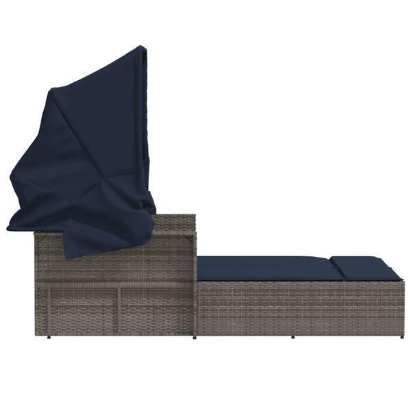 vidaXL Double Sun Lounger with Canopy and Cushions Grey Poly Rattan