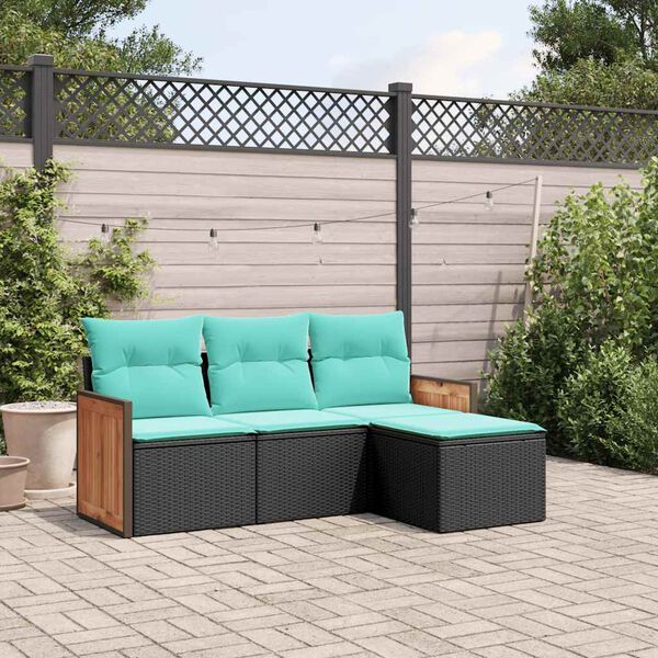 vidaXL 4 Piece Garden Sofa Set with Cushions Black Poly Rattan