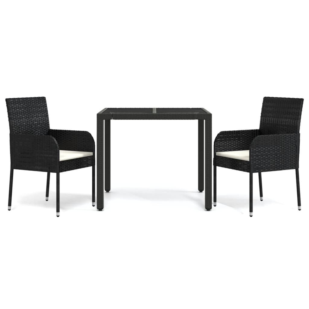 vidaXL 3 Piece Garden Dining Set with Cushions Black Poly Rattan
