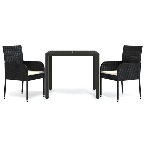 vidaXL 3 Piece Garden Dining Set with Cushions Black Poly Rattan