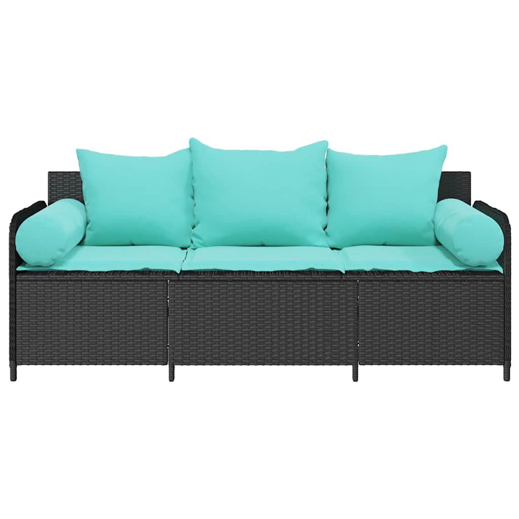 vidaXL Garden Sofa with Cushions 3-Seater Black Poly Rattan