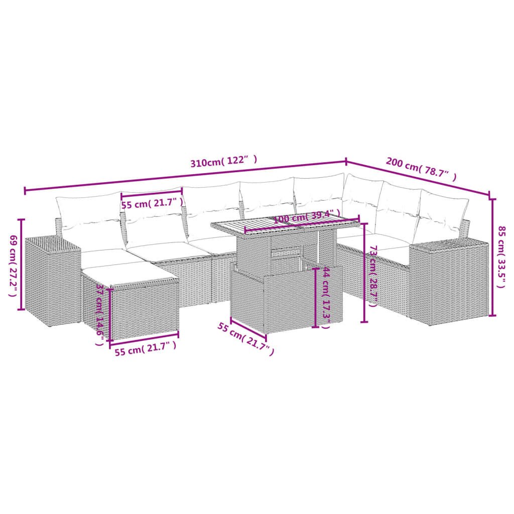 vidaXL 9 Piece Garden Sofa Set with Cushions Beige Poly Rattan