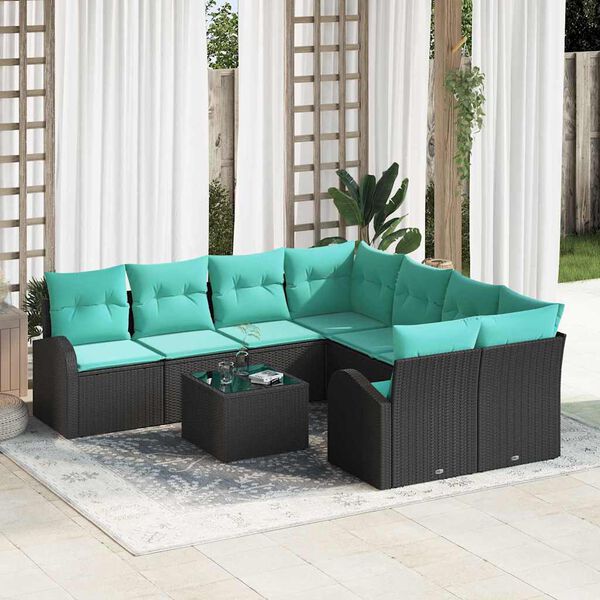 vidaXL Sofa Set 9 pcs Black and Turquoise Polyester