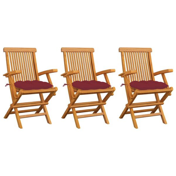 vidaXL Garden Chairs with Wine Red Cushions 3 pcs Solid Teak Wood