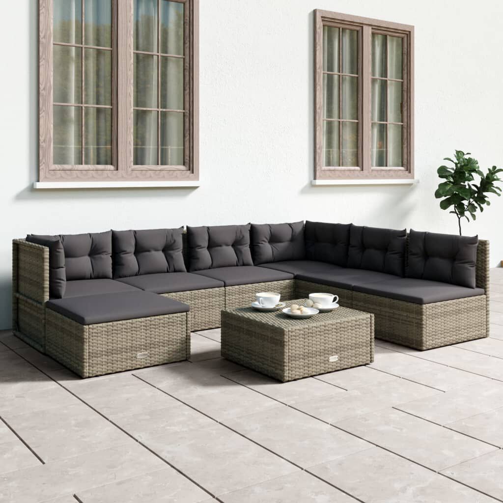 vidaXL 7 Piece Garden Lounge Set with Cushions Grey Poly Rattan